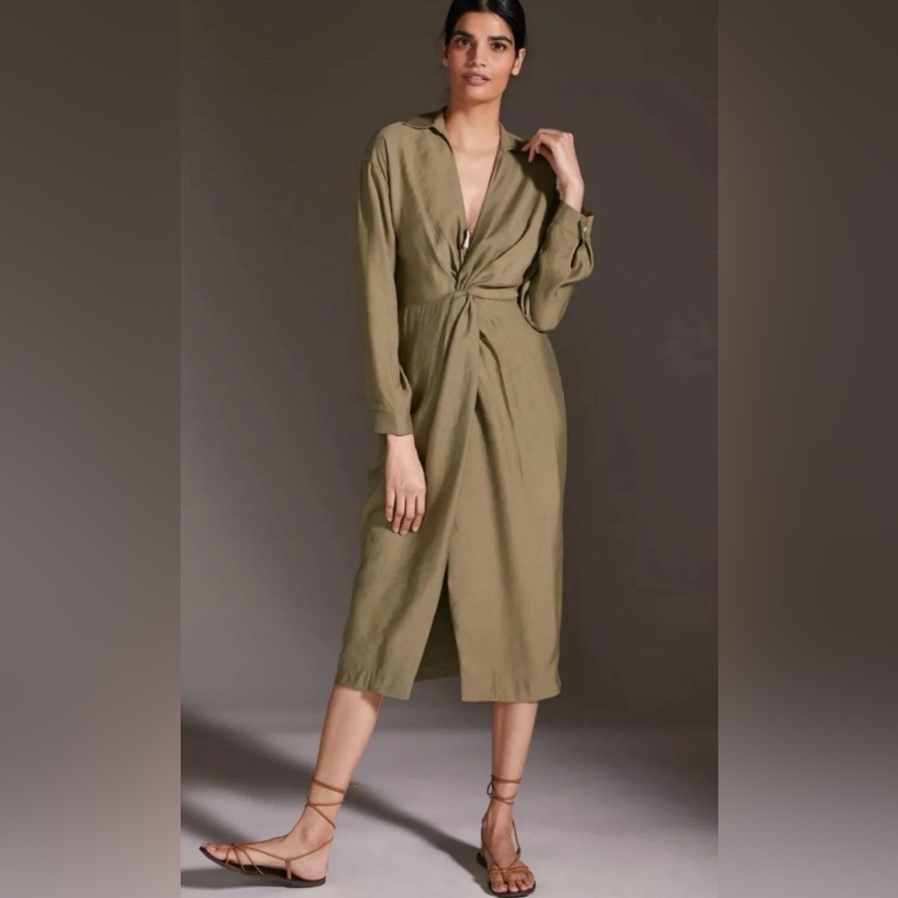 Anthropologie Graziella Twist Front Midi Dress Olive 0P Shirt Dress